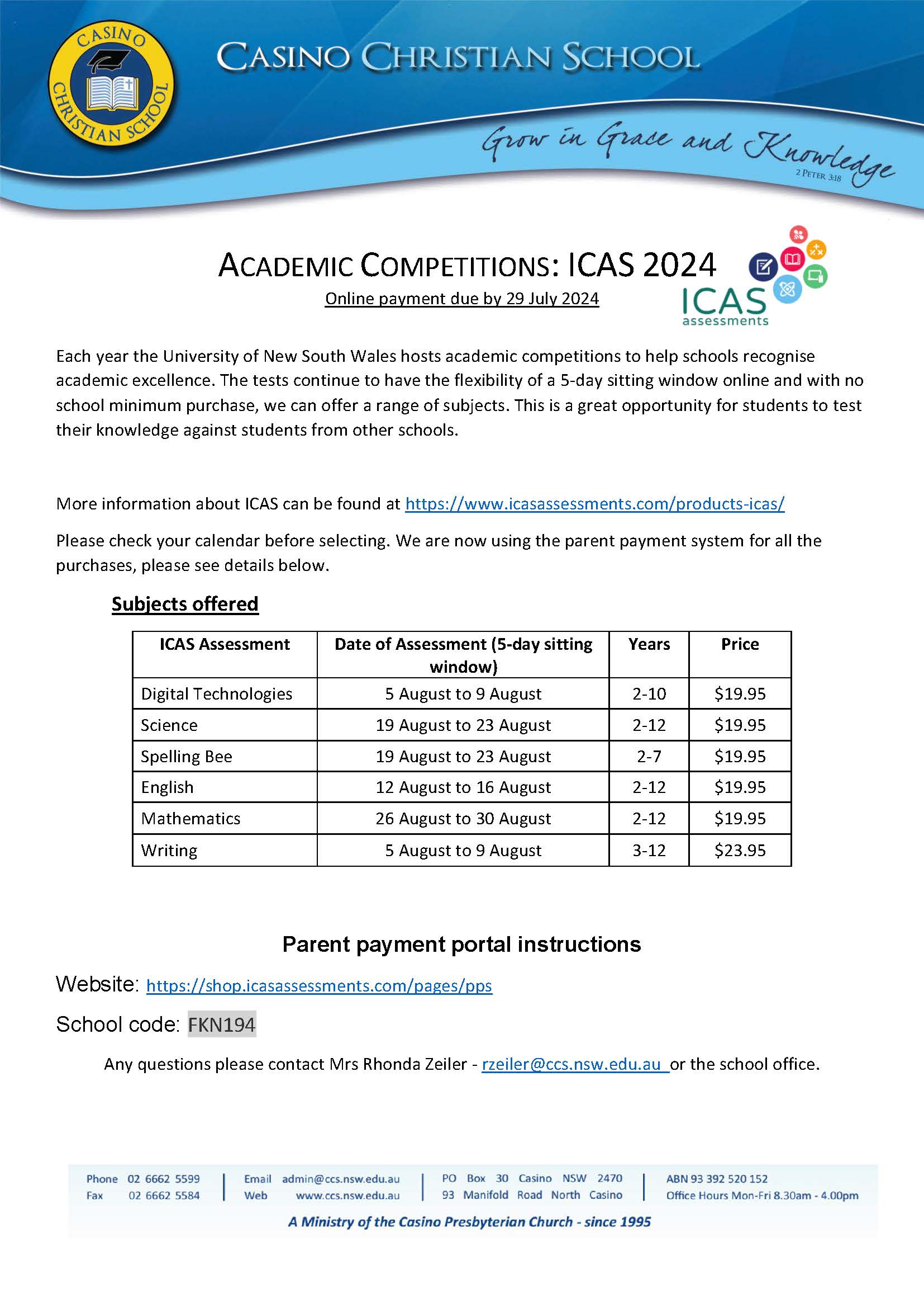 ICAS Assessment Form 2024 Note for Newsletter